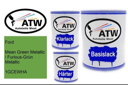 Ford, Mean Green Metallic / Furious-Grün Metallic, 1GCEWHA: 1L Lackdose + 1L Klarlack + 500ml Härter - Set, von ATW Autoteile West.